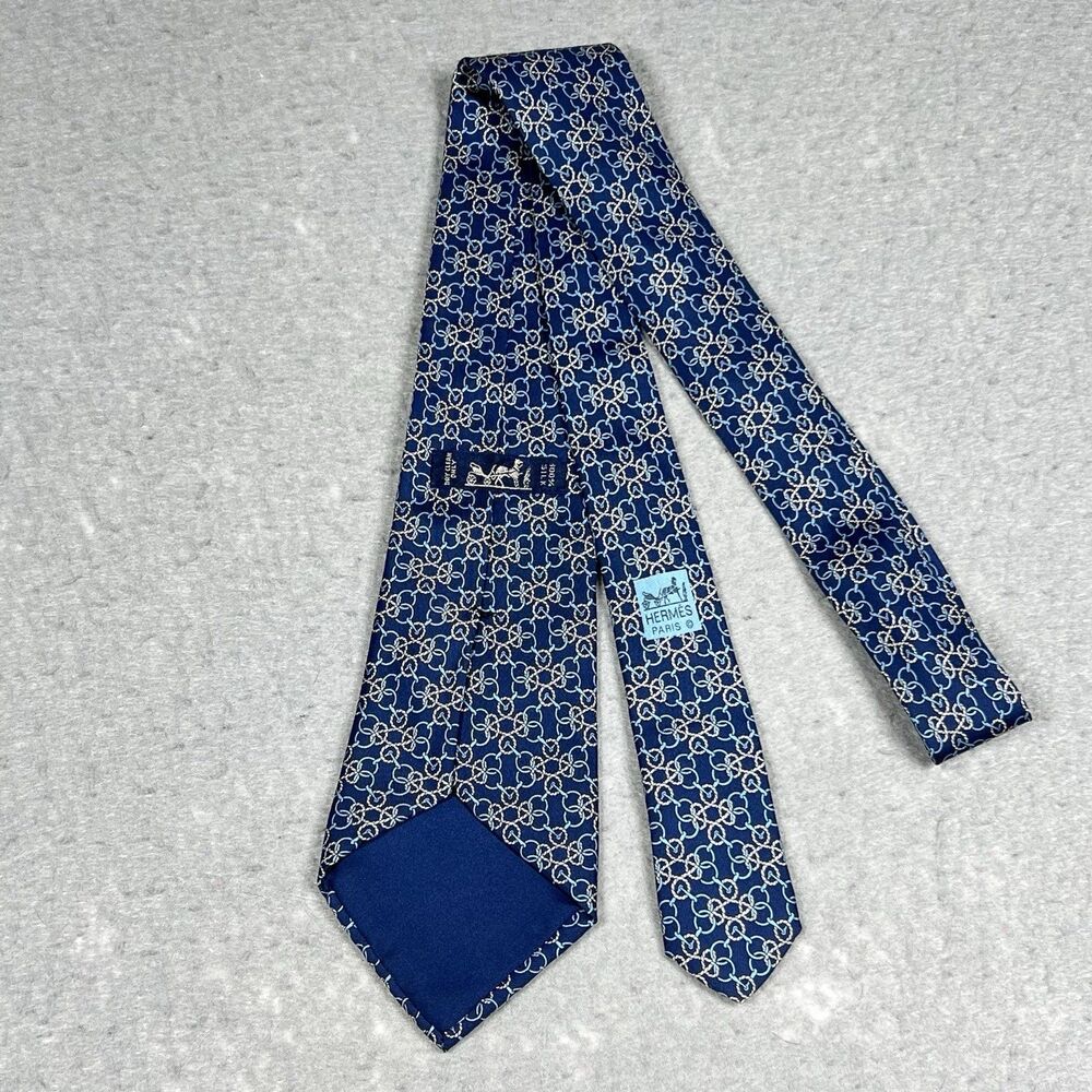 HERMES TIE 7822 UA France 100% Silk BLUE Interlocking Rope Circles 60"x3.5"